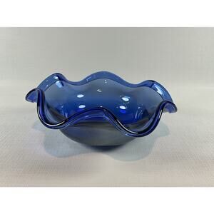 Vintage Hand Blown Studio Art Glass 8" Ruffle Bowl Dish Cobalt Blue GOOD